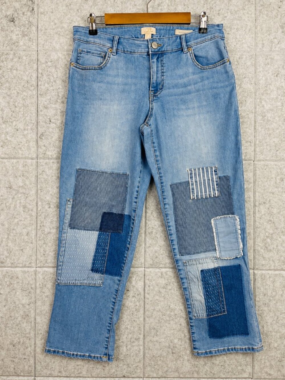 LOGO by Lori Goldstein Boyfriend Jeans 10P Petite Blue Patchwork Denim